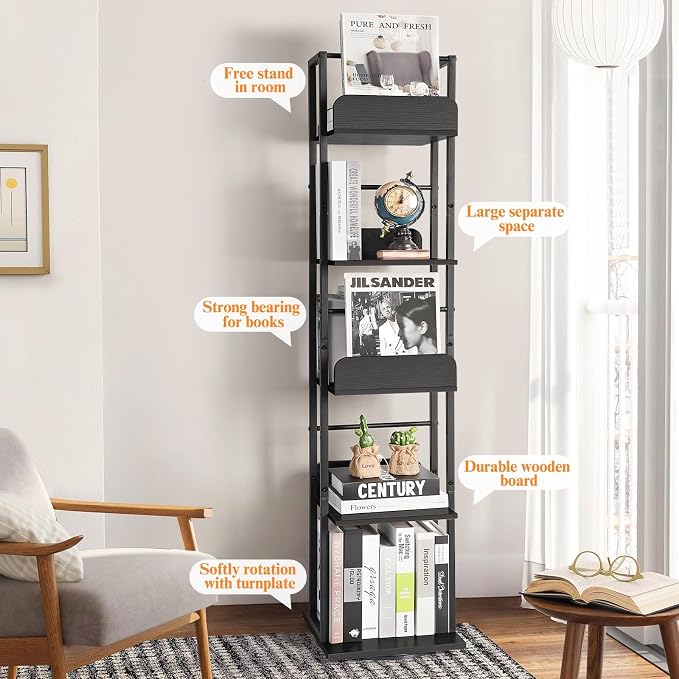 Bikoney Rotating Bookshelf, 360 Display Spinning Bookshelf Tower, 5-Tier Narrow - Image 6