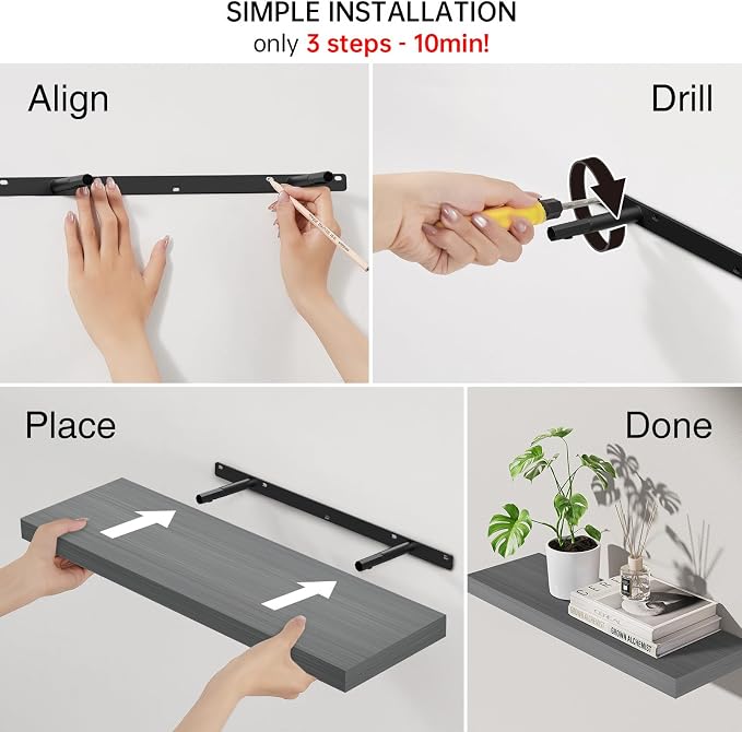 BAYKA Grey Floating Shelves for Wall, 22.5 inch Wall Mounted Shelf for Bedroom - Image 7