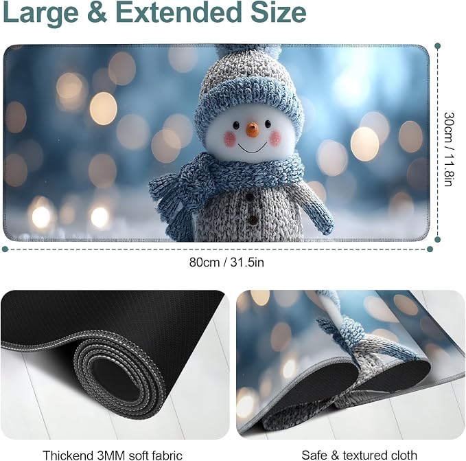 Christmas Snowman Gaming Mouse Pad 31.5"x11.8"Desk Mat Anti-Slip Rubber Base & - Image 2