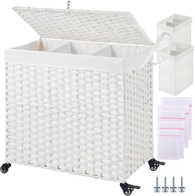 Greenstell Laundry Hamper with Wheels&Lid, 130L Large 3 Sections Clothes Hamper by Greenstell