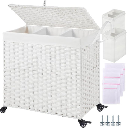 Greenstell Laundry Hamper with Wheels&Lid, 130L Large 3 Sections Clothes Hamper by Greenstell