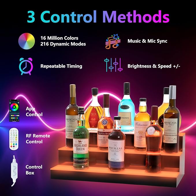 Led Lighted Liquor Bottle Display Shelf, 24 Inch 3 Tier Whiskey Rack, Support - Image 2
