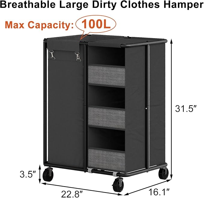 WOWLIVE Laundry Sorter with Wheels 100L Rolling Laundry Hamper with Hanging and - Image 3