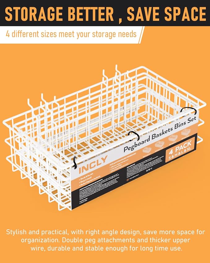 INCLY 4 Pack Pegboard Baskets Bins Set, 4 Size Square Style Metal White Wire - Image 6