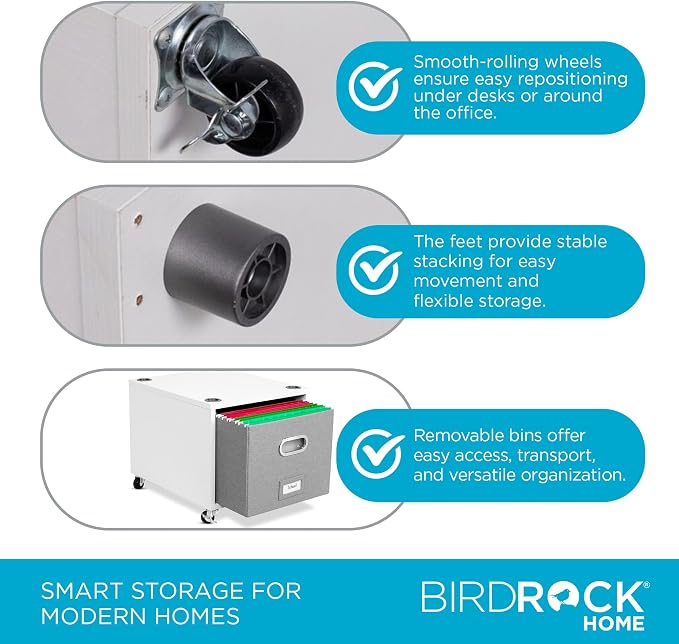 BIRDROCK HOME Rolling File Cabinet – Decorative Storage Shelf w/Removable Bins - Image 7