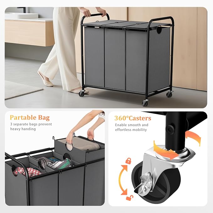 180L Laundry Sorter 3 Section, Rolling Laundry Basket - Image 3