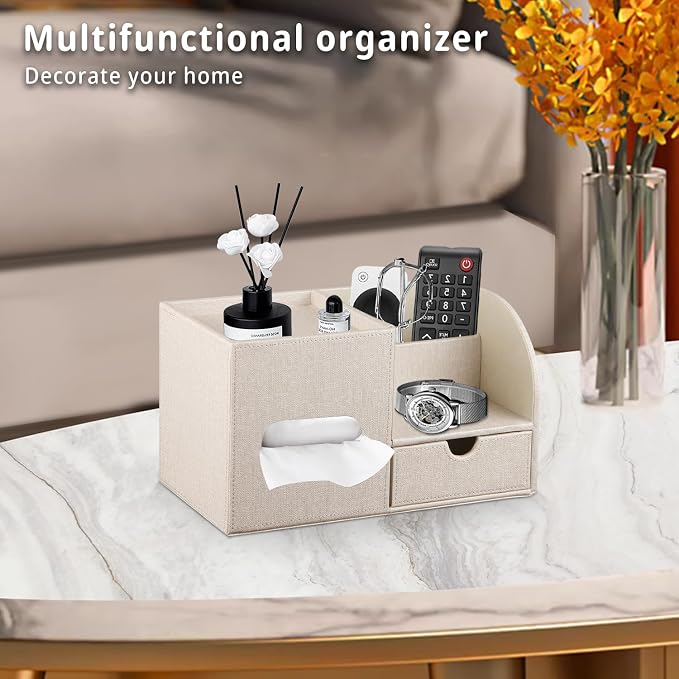 YAPISHI Tissue Box Cover with Storage Tray and Drawer, PU Leather Square Tissue - Image 2