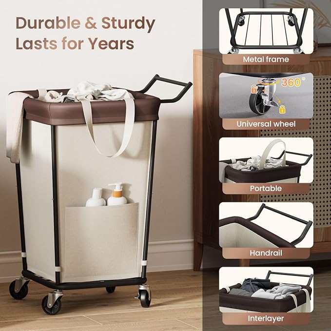 160L Laundry Hamper with Wheels and Handle, 2-Section Rolling Hamper - Image 6