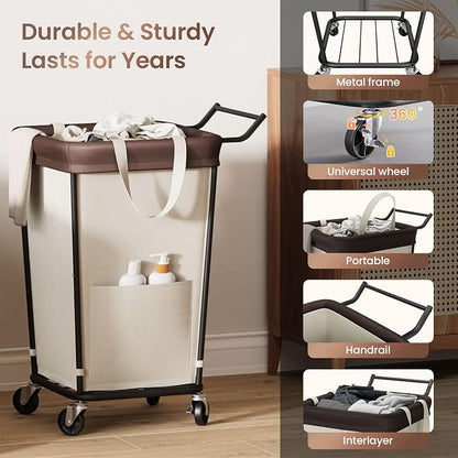 160L Laundry Hamper with Wheels and Handle, 2-Section Rolling Hamper - Image 6