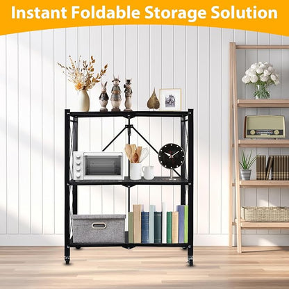3 Tier Folding Shelf with Wheels, Foldable Metal Shelving Unit, No Assembly - Image 7