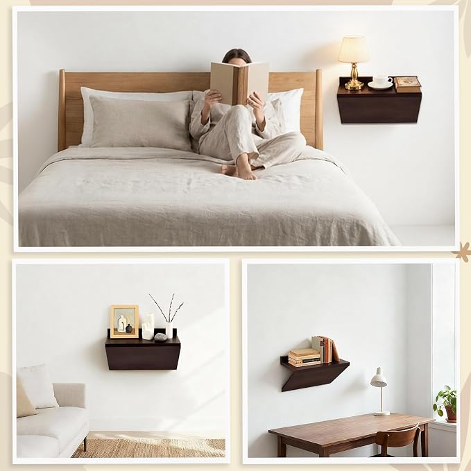 1 Pack 13 x 7 x 5.5 Inch Floating Nightstand Wooden Bedside V Shape Wall Shelf - Image 6