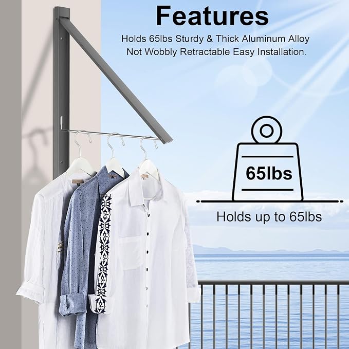 No Drill Wall Mounted Drying Rack 65 lb Aluminum, Fold away wall mount saves - Image 3