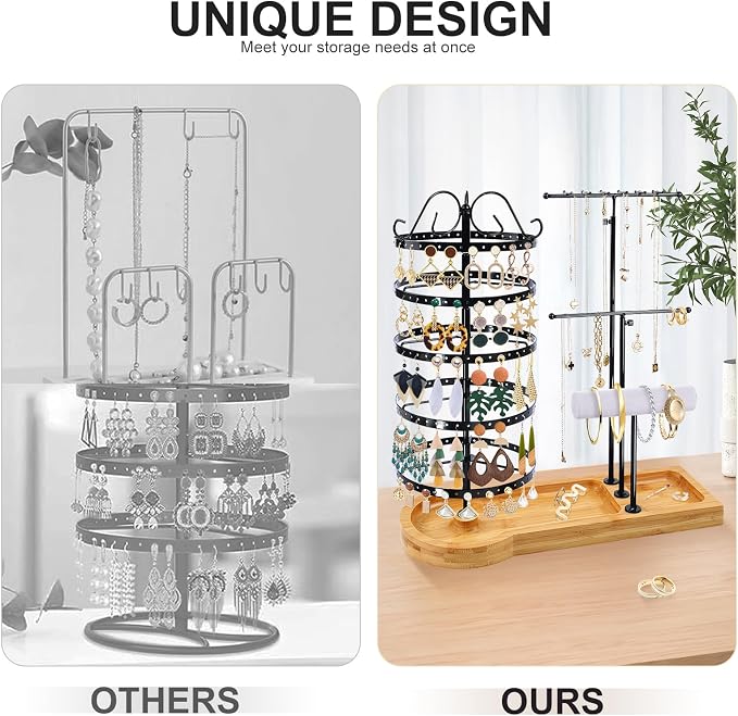 Jewelry Organizer Stand with Bamboo Base, Metal Rotating Earring Holder - Image 6