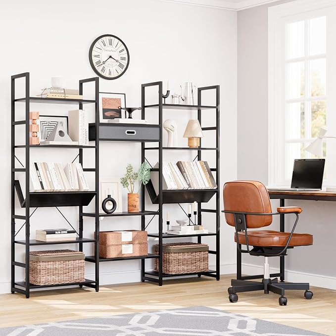 NUMENN Bookcases and Bookshelves Triple Wide 5 Tier Bookshelf, Large Etagere - Image 4