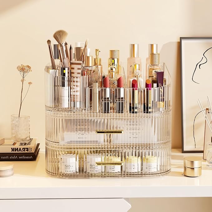 Makeup Organizer with Drawers and 360° Rotating Brush Holder, Large Capacity - Image 2