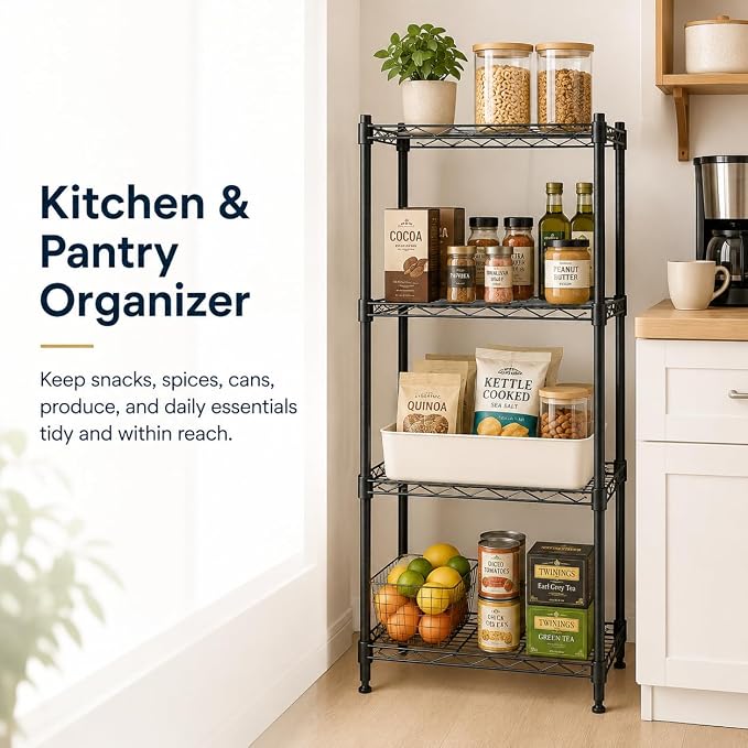 4 Tier Storage Shelves, Metal Wire Shelving Unit, Heavy Duty Adjustable Shelf - Image 7