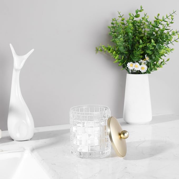 Clear Tranparent Apothecary Etched Geometric Grid Glass Jar W/Gold Metal Lid - Image 5