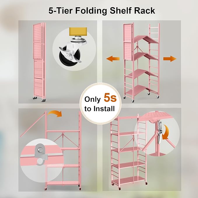 Himix Storage Shelves with 20 Hooks, 5-Tier Foldable Shelves - Image 5