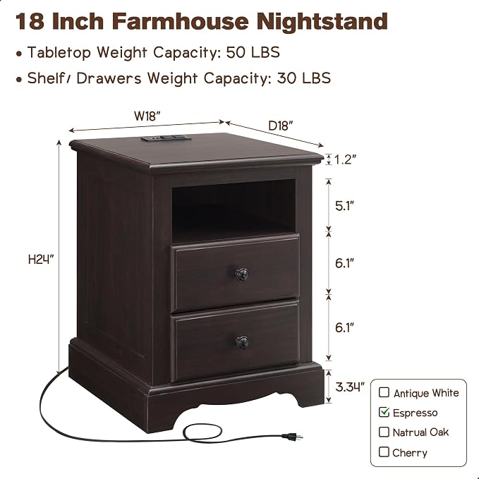 T4TREAM Nightstand with Charging Station, 18 Inch Vintage End Table with 2 - Image 2