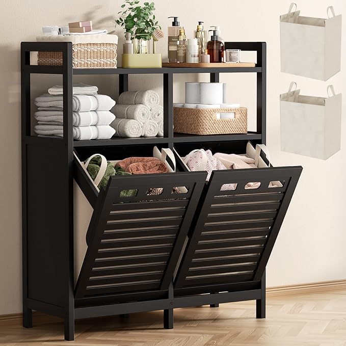 Homykic Tilt Out Laundry Hamper Cabinet, Bamboo Double Laundry Hamper by Homykic