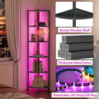 6 Tier Corner Shelf with LED Light, 67.5" Black Narrow Bookshelf | Tall - Image 6