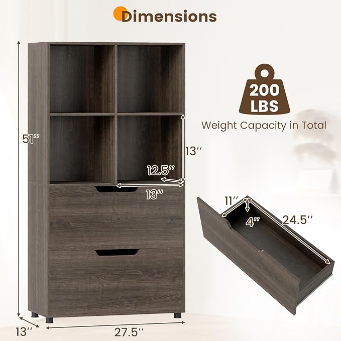 GOFLAME 4-Tier Bookcase with 2 Drawers, 51” Tall Bookshelf with 4-Cube Open - Image 3