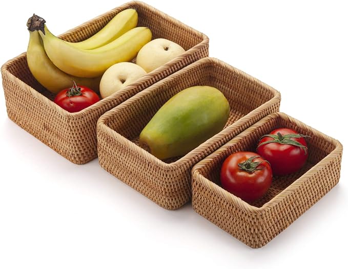 Natural Rattan Fruit Storage Baskets Rectangular Woven Wicker Box - Image 3