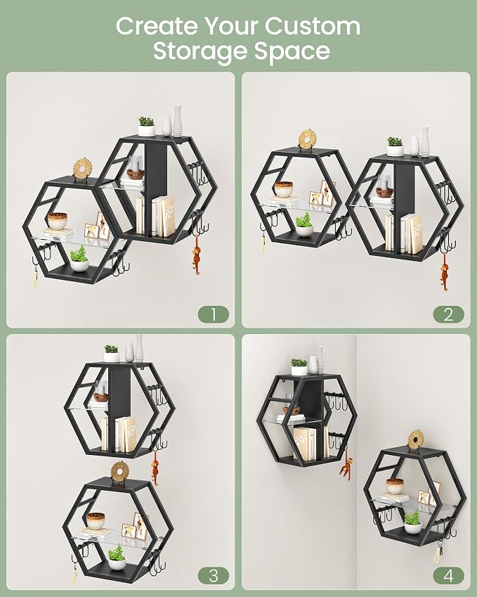Hexagon Floating Shelves Set of 2, Glass Hanging Shelves - Image 4