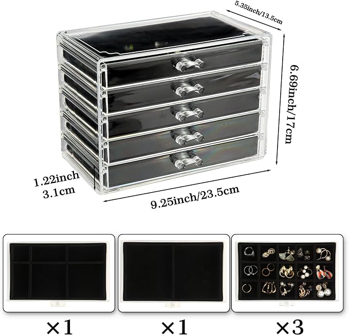 5 Drawers Clear Jewelry Box for Women and Girls, Acrylic Earring Holder - Image 4