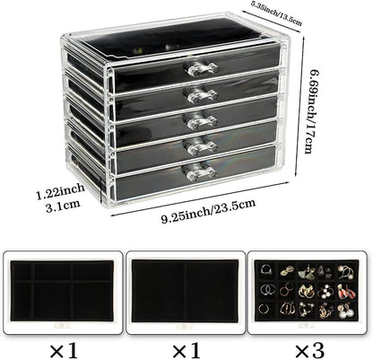 5 Drawers Clear Jewelry Box for Women and Girls, Acrylic Earring Holder - Image 4