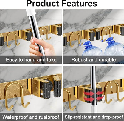 Mop Broom Holder Wall Mount, 2 Packs Gold Stainless Steel Tool Storage Organizer - Image 4