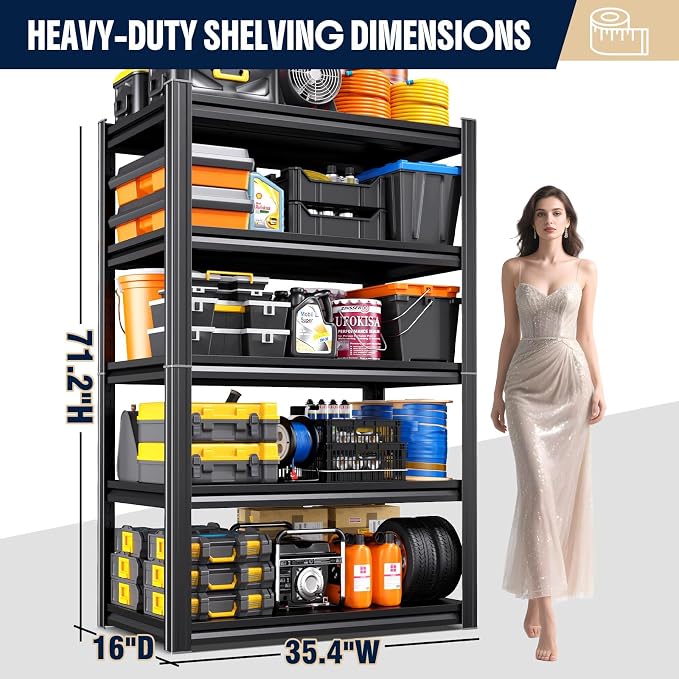 Set of 5 Heavy Duty Garage Shelving Unit, 71.2" H x 35.4" W x 16" D, 5-Tier - Image 3