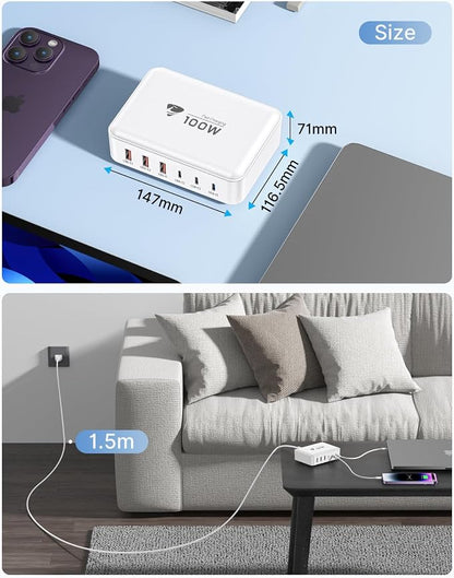 USB C Fast Charger, 100W GaN 6 Port USB C Fast Charging Station Hub Block Cube - Image 6