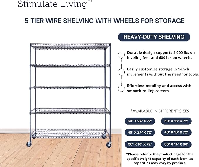 60"x18"x72" Prime Heavy Duty Black 5-Tier Wire Shelving NSF 4000 LBS MAX - Image 6