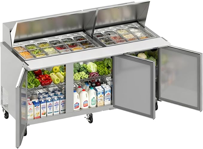 72" W Commercial Refrigerator Sandwich Salad Prep Table, Stainless Steel 3-Door by Bluelinecool