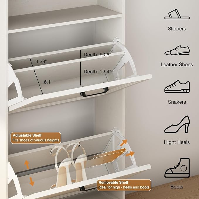 Shoe Storage Cabinet with 2 Flip Drawers, Narrow Slim Shoe Organizer - Image 3