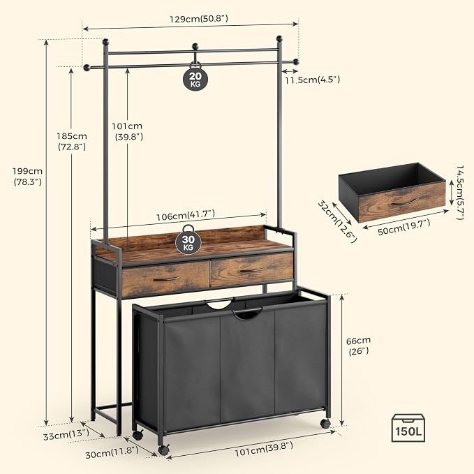 Mondeer Laundry Sorter with 2 Drawers and Hanging Rack, 150L Laundry Hamper - Image 6
