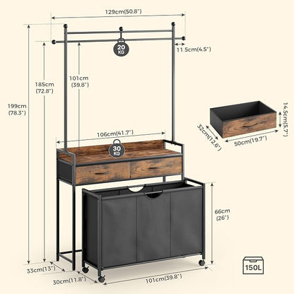Mondeer Laundry Sorter with 2 Drawers and Hanging Rack, 150L Laundry Hamper - Image 6