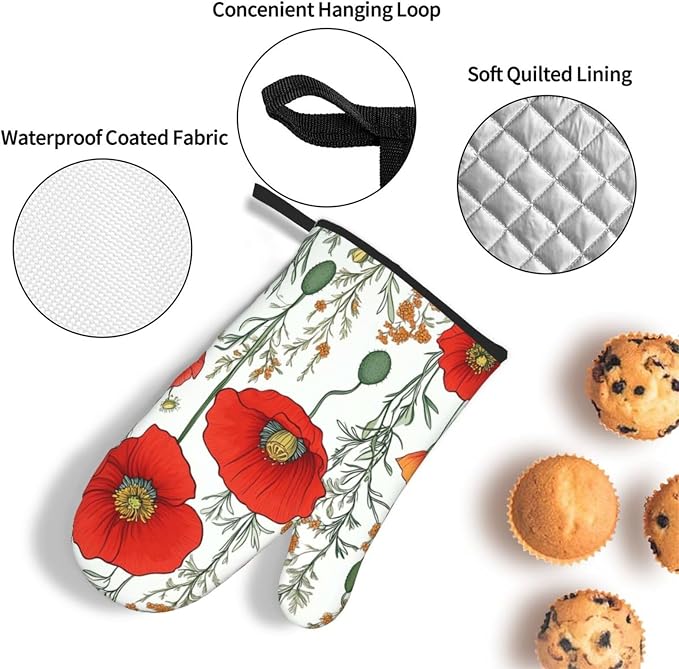 Oven Mitts and Pot Holders Sets of 3 Poppy Flower Pattern Oven Mitts 3 Pcs Heat - Image 3