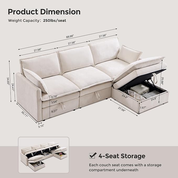 88.98" Sectional Couches for Living Room, Cloud Couch Sectional - Image 2