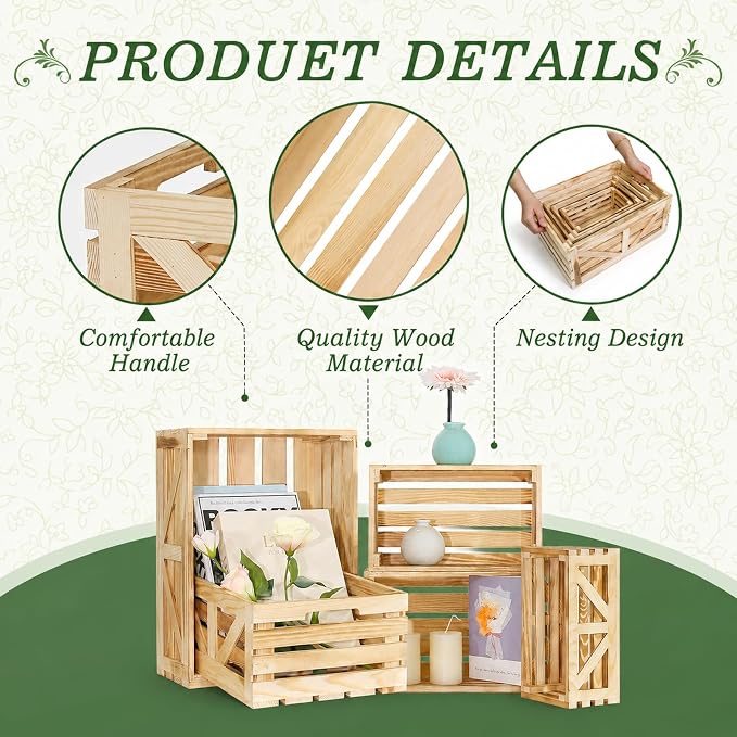 5 Pcs Wooden Crates for Display, Nesting Wood Crate for Storage, 5 Size | - Image 3