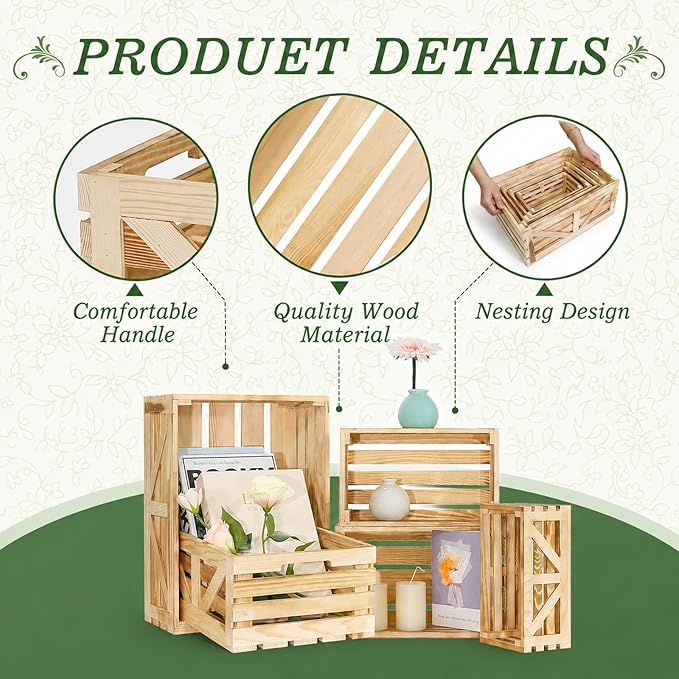 5 Pcs Wooden Crates for Display, Nesting Wood Crate for Storage, 5 Size | - Image 3