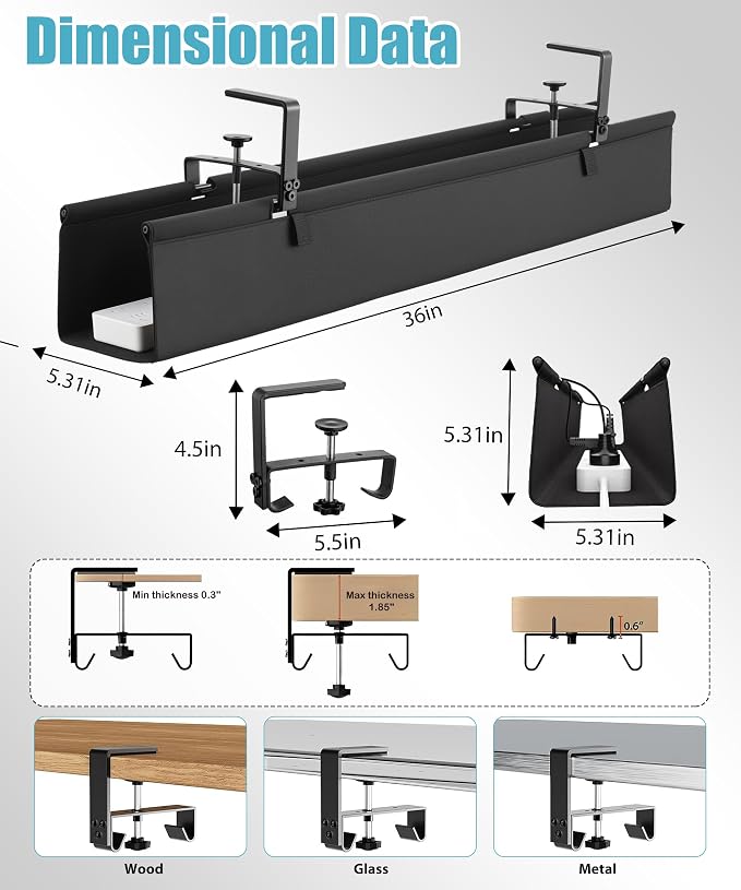 Oxford Cloth Under Desk Cable Management Tray, No-Drill 36" Desk Cable - Image 4