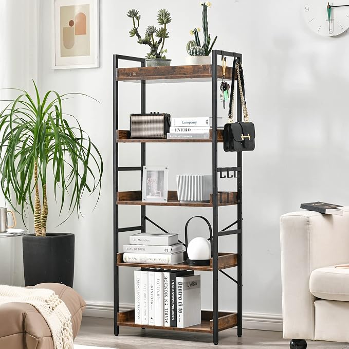 HCHQHS Adjustable 5 Tier Open Bookcase, Rustic Farmhouse Book Shelves, - Image 2