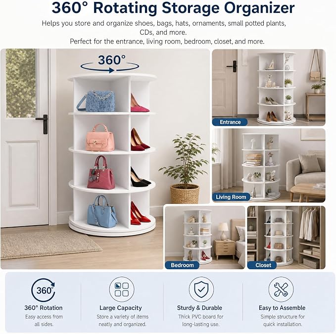 4 Tier Rotating Shoe Rack Tower, Space-Saving Stackable Narrow Shoe Storage - Image 4