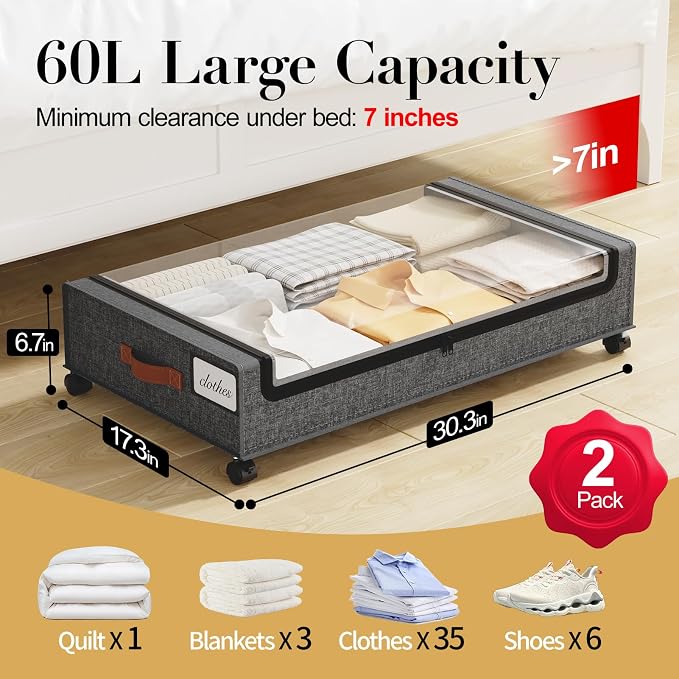 Yecaye Under Bed Storage with Wheels, 2 Pack Under the Bed Storage Containers - Image 2