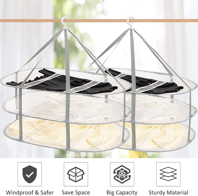 2 Pack 3-Tier Folding Mesh Clothes Hanging Dryer, Sweater Drying Rack, Large - Image 4
