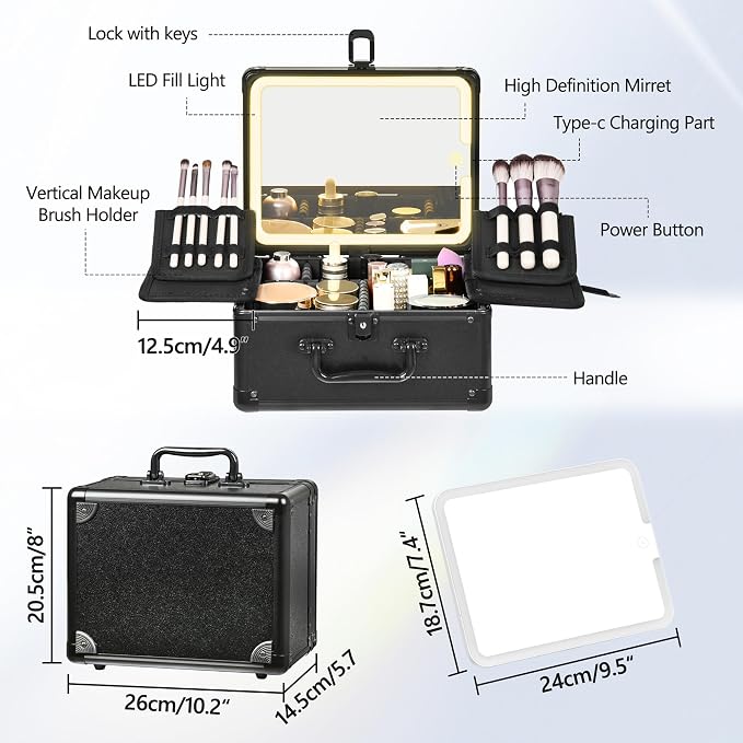 Makeup Case with Lighted Mirror, Makeup Box Organizer with Detachable LED Mirror - Image 4