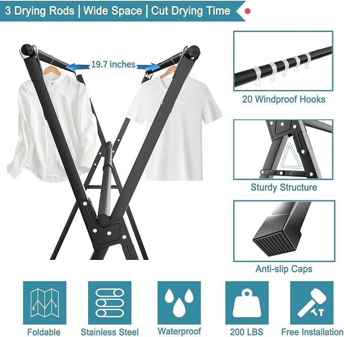 JAUREE 95 Inches Clothes Drying Rack, Drying Rack Clothing Folding Indoor - Image 3