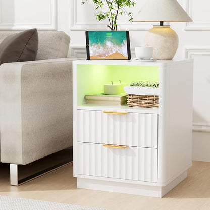 VOWNER Fluted Nightstand with Charging Station, 18” RGB Night Stand with 2 by VOWNER